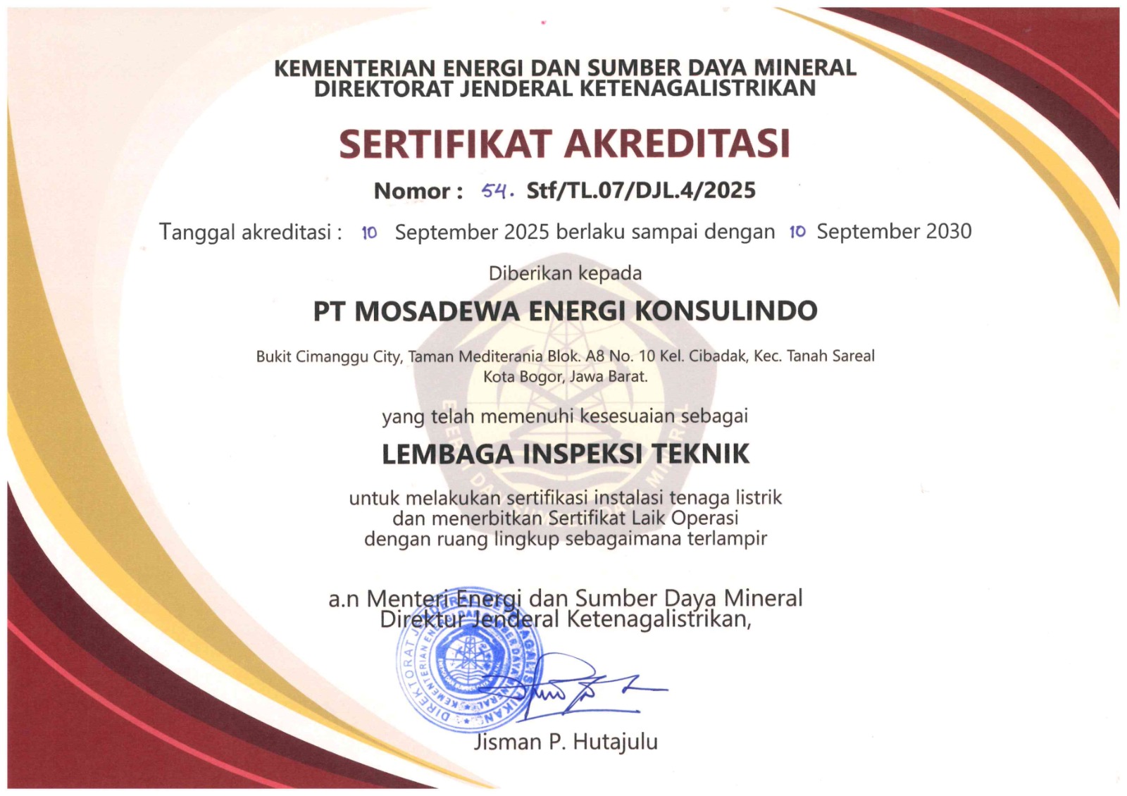 PT. Mosadewa Energi Konsulindo adalah Lembaga Inspeksi Teknik Sertifikat Laik Operasi SLO terakreditasi Nomor : 54 Stf/TL.07/DJL.4/2025 yang Ditunjuk oleh kementrian Energi Sumber Daya Mineral Direktorat Jenderal Ketenagalistrikan untuk melakukan pemeriksaan dan pengujian instalasi listrik, Bidang : Pembangkit Listrik Tenaga Diesel, Jaringan Distribusi Tenaga Listrik Tegangan Menengah dan Rendah, Instalasi Pemanfaatan Tenaga Listrik Tegangan Menengah